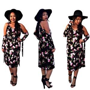 Womens Fliral Black long sleeeve Cold Shoulder Dress Sz 8